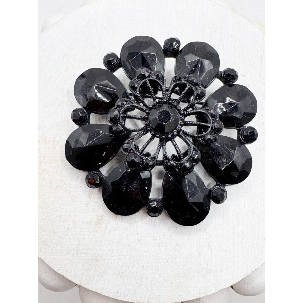 Vintage Black Rhinestone Large Flower Brooch Goth Dark Academia